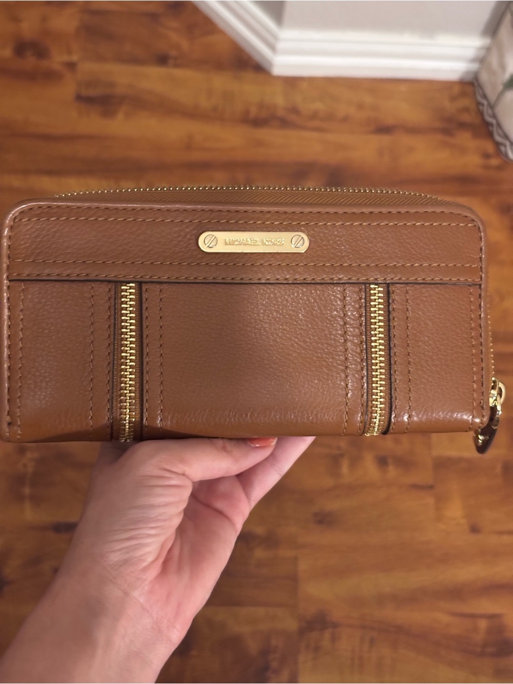 Michael Kors Brown Pebbled Leather Zip Wallet with Gold Hardware